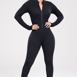 Zip Up Ribbed Long Sleeve Skinny Active Jumpsuit