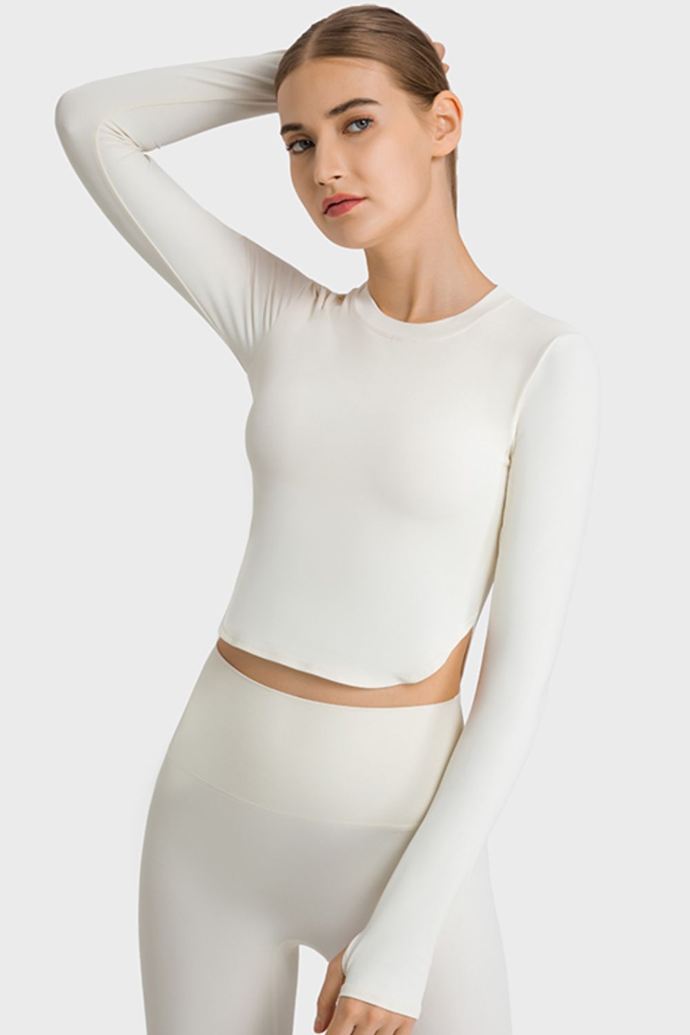 Side Slit Long Sleeve Round Neck Crop Top - A Better You